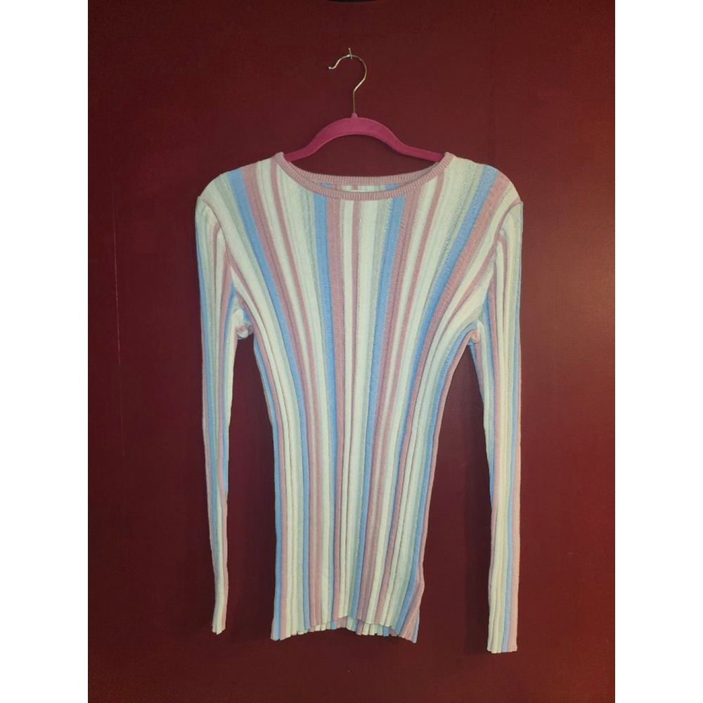 Women's ELLE Striped Ribbed Sweater L Pink Blue